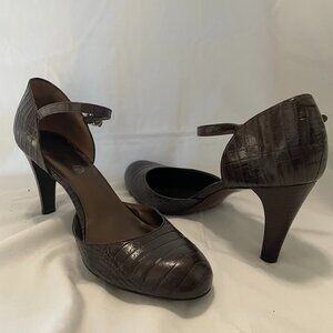 Bandolino Brown Crocodile Embossed Mary Jane Pumps with Ankle Strap
